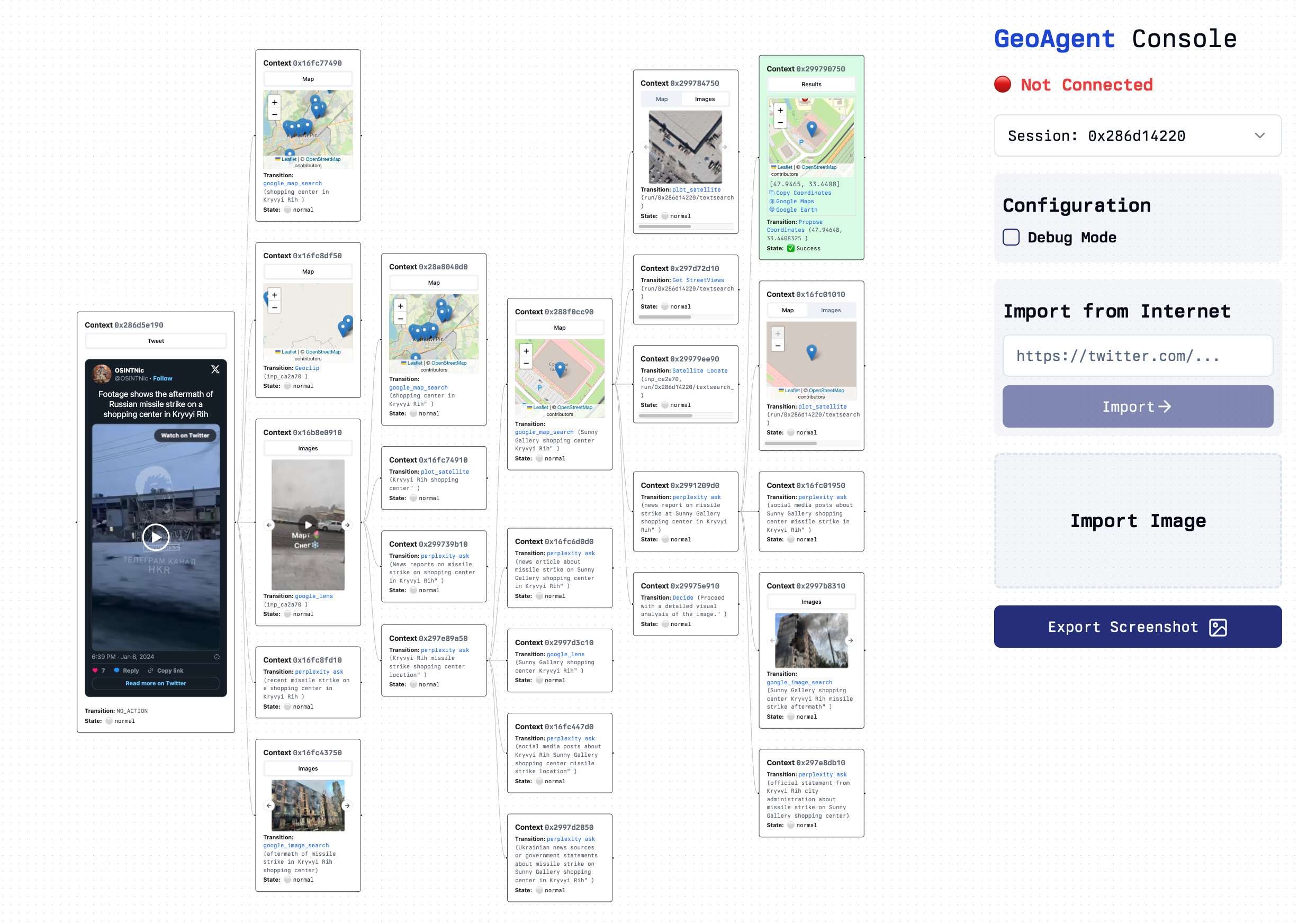 Example trace showing GeoAgent's reasoning process and tool usage for geolocalization task 1