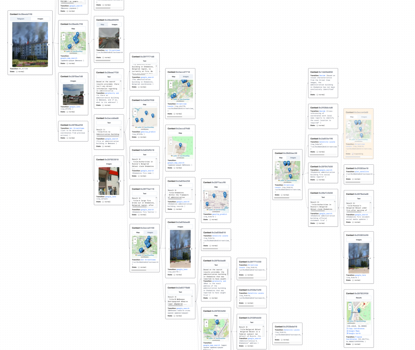 Example trace showing GeoAgent's reasoning process and tool usage for geolocalization task 2
